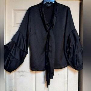 Black Dressy Long Sleeves  Blouse With Tie